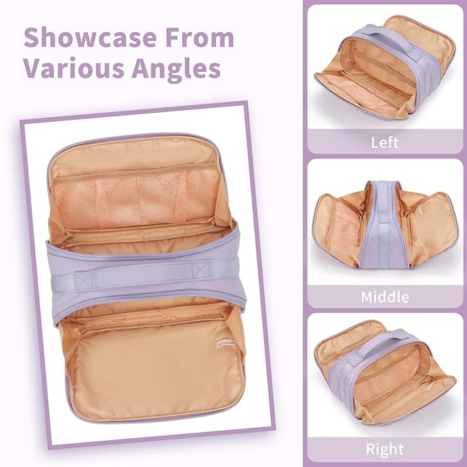 OCHEAL Travel Makeup Bag - Wide Open Cosmetic Bag for Women Make up with Two Compartments, Portable Lightweight Roomy Organizer Toiletry Bag for Girls Skincare tools Accessories-Purple