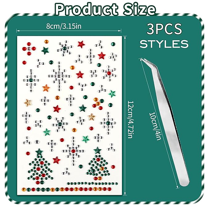 3 Sheet Christmas Face Gems Hair Gems, Self-Adhesive Face Jewels Eye Jewels Rhinestones DIY Face Gems Stick on, Halloween Makeup Gems Rave Accessories for Face Eyes Body Makeup, Crafts
