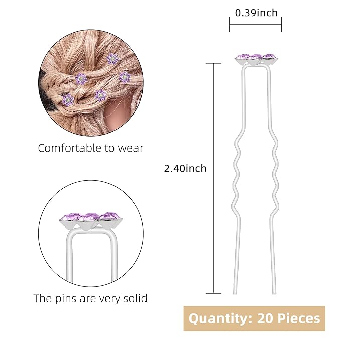 20 Pack (Violet) Crystal Flower Hair Pins Rhinestone Hair Clips for Bridal Wedding Women Hair Jewelry Accessories, with Clear Container