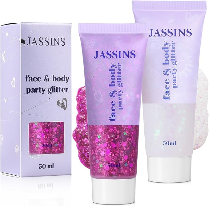 JASSINS 2 Pack Face Body Glitter, 100ml Rose-red and White Glitter Gel Makeup for Women Girls Kids, Singer Concerts Festival Rave Accessories, Chunky Mermaid Sequins Glitter
