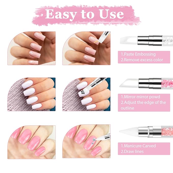 3 Pcs Nail Art Sculpture Pen, Dual Tipped Silicone Nail Tools, Silicone Head Acrylic Handle Nail Art Brushes, Rhinestone Nail Polish Carving Pen, Nail Art Tools for Home Salon(White, Pink, Orange)