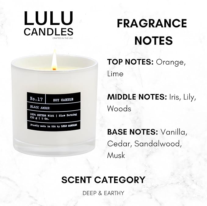 Lulu Candles | Black Amber | Luxury Scented Soy Jar Candle | Hand Poured in The USA | Highly Scented & Long Lasting (9 Oz. 2 Pack)
