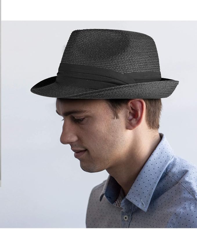 FURTALK Fedora Straw Sun Hat for Men Women Foldable Roll Up Short Brim Trilby Hat Panama Beach Hat UPF 80+