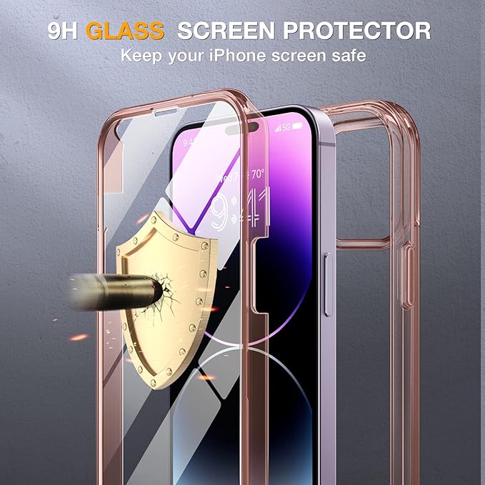 Miracase Glass Series for iPhone 14 Pro Case 6.1 Inch, Full-Body Clear Bumper Case with Built-in 9H Tempered Glass Screen Protector, with Camera Lens Protector, Clear Pink