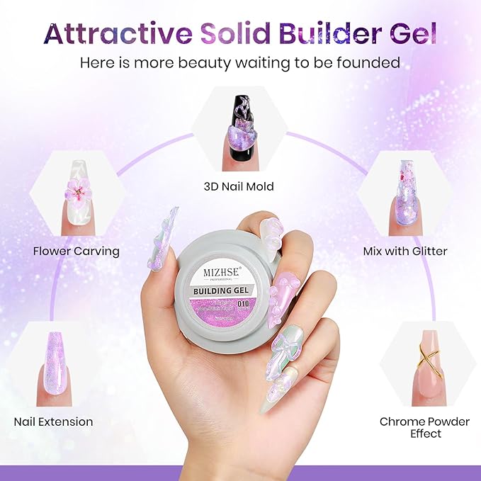 MIZHSE Solid Builder Gel for Nails - 30g/1oz Purple Mermaid Hard Gel for Nails 3D Nail Gel with Nail Forms 3D Sculpting Pen Soak off U V Nail Builder Gel for Nail Extension 3D Nail Art Women