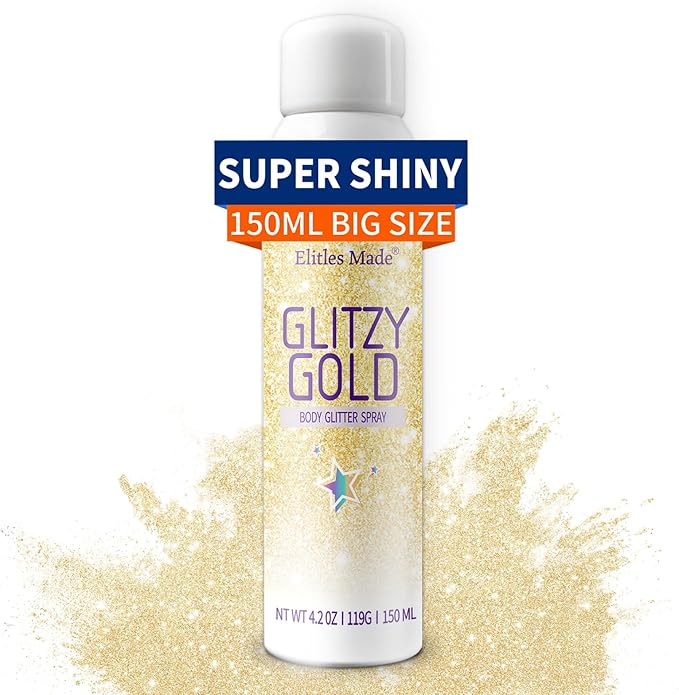 Body Glitte Spray, 150ML Gold Glitter Spray for Hair and Body, Long-Lasting and Quick-Drying Glitter Hairspray for Kids Women, Body Shimmer Festival Rave and Makeup 4.2 Fl Oz