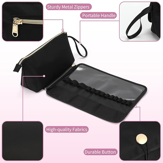 OCHEAL Makeup Brush Holder and Makeup Bag 2 in 1,Makeup Pouch with Brush Organizer,Travel Makeup Brushes Bag Cosmetic Bags for Women Portable Roll-up Makeup Case -Black