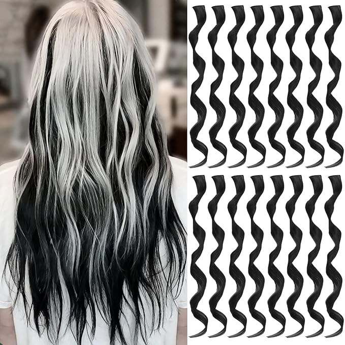 16 Pcs Colored Hair Extensions Curly Wavy Clip in Synthetic Hair Extensions,Colorful Party Highlights Hairpiece Streak for Girls Women Kids Favors Gift(Black)