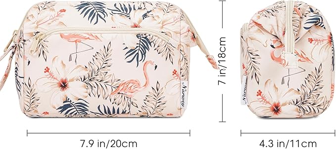 Narwey Women Makeup Bag Wide-open Make up Bag Travel Cosmetic Organizer Toiletry Bag for Cosmetics Toiletries Accessories (Beige Flamingo)