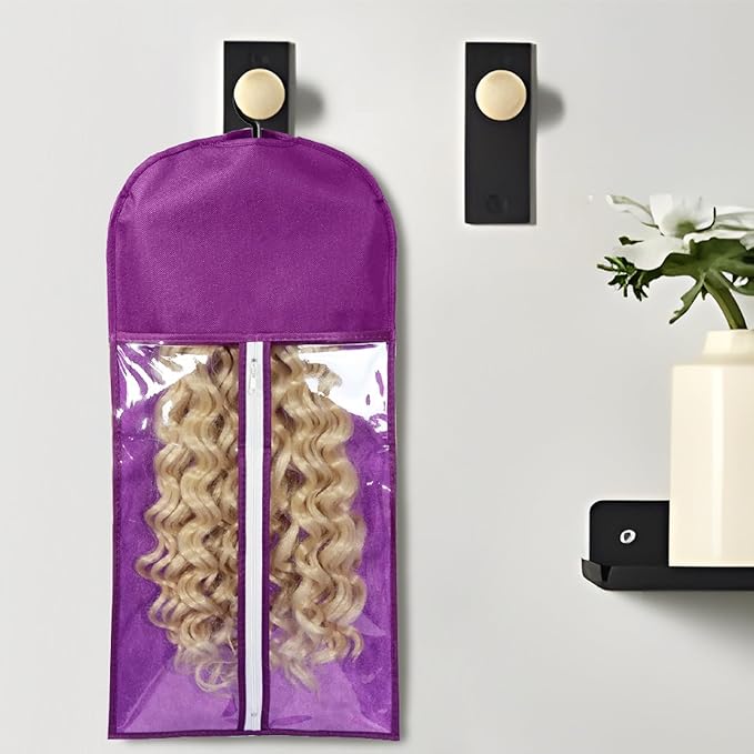 3PCS Wig Bags Storage with Hanger Wig Holder Wig Hanger for Multiple Wigs Portable Hair Extension Holder Dust-proof Hair Extension Storage Wigs Stand Hair Extensions, wigs & accessories (Purple)