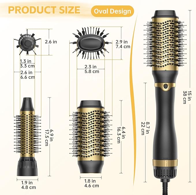 Hair Dryer Brush with Two Interchangeable Barrels (Oval and Round), Hot Air Straightening and Volumizing Anti-Frizz Ceramic Titanium Brush