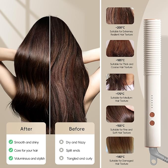 Hair Straightener Brush, Hot Hair Comb, 2 in 1 Flat Iron Hair Curling Straightening Brush for Women, Anti-Scald with 5 Temps Fast Heating
