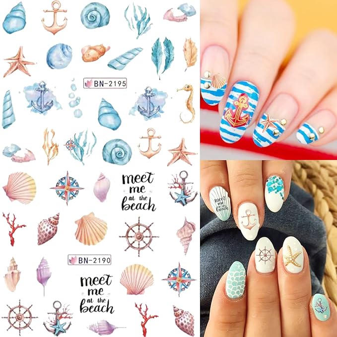 36 Sheets Summer Nail Art Stickers, Ocean Anchor Water Transfer Nail Decals, Shark Seashell Sea Turtle Design DIY Manicure Decorations for Girls Women