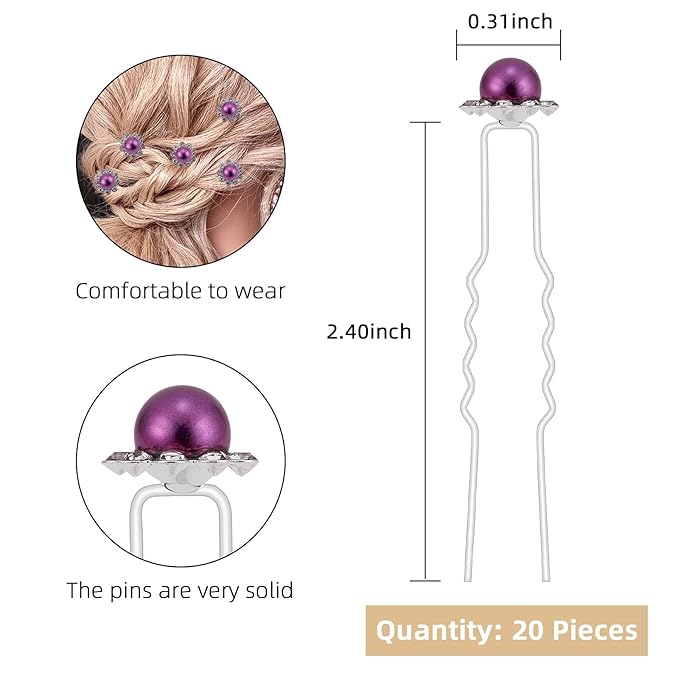 20 Pack (Purple) Pearl Crystal Hair Pins Flower Rhinestone Hair Clips for Bridal Wedding Women Hair Jewelry Accessories, with Clear Container