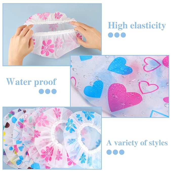6 Pcs Shower Caps, Waterproof Bath Caps Plastic Reusable Shower Caps Elastic Band Bath Hair Caps for Women Kids