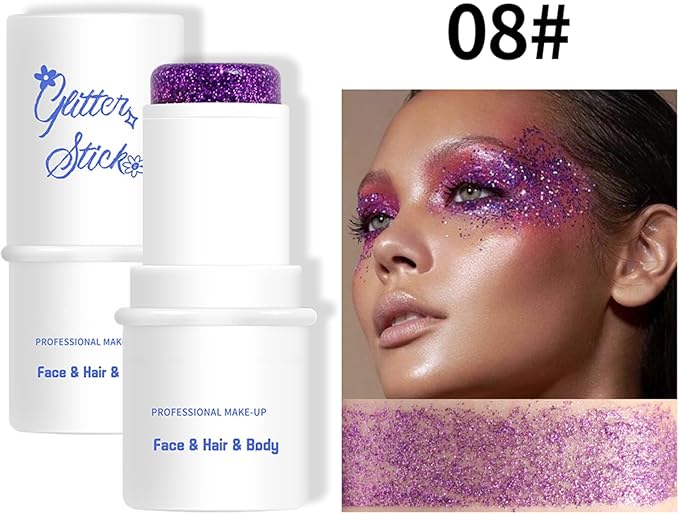 Body Glitter Stick, Chunky Glitter Gel for Face Body Hair, Purple Glitter Face Glitter Gel Makeup, Sparkling Holographic Mermaid Sequins Paint, Waterproof Multiuse Glitter Face Paint, 08#Purple