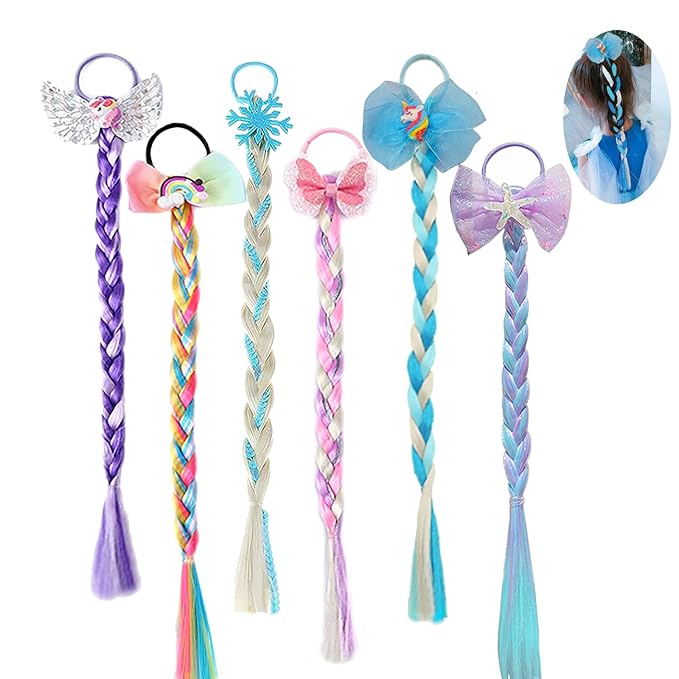 Ozzwolle 6 Pcs Girls Braid Ponytail Extensions Hairpieces, Colored Braid Hair Extensions Hair Pieces for Kids Little Girls