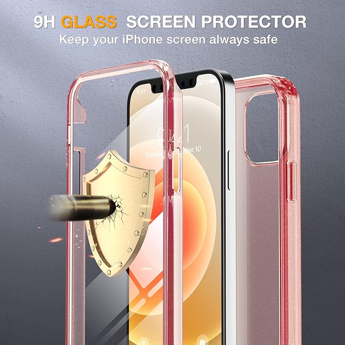 Miracase Glass Series for iPhone 12/12 Pro - Full-Body Rugged Protective Case with Built-in 9H Tempered Glass Screen Protector and Camera Lens Protector - Glitter Rose