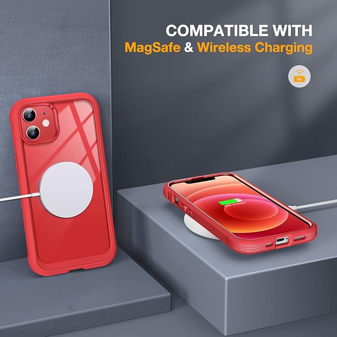 Miracase Glass Series for iPhone 12/12 Pro - Full-Body Rugged Protective Case with Built-in 9H Tempered Glass Screen Protector and Camera Lens Protector - Red