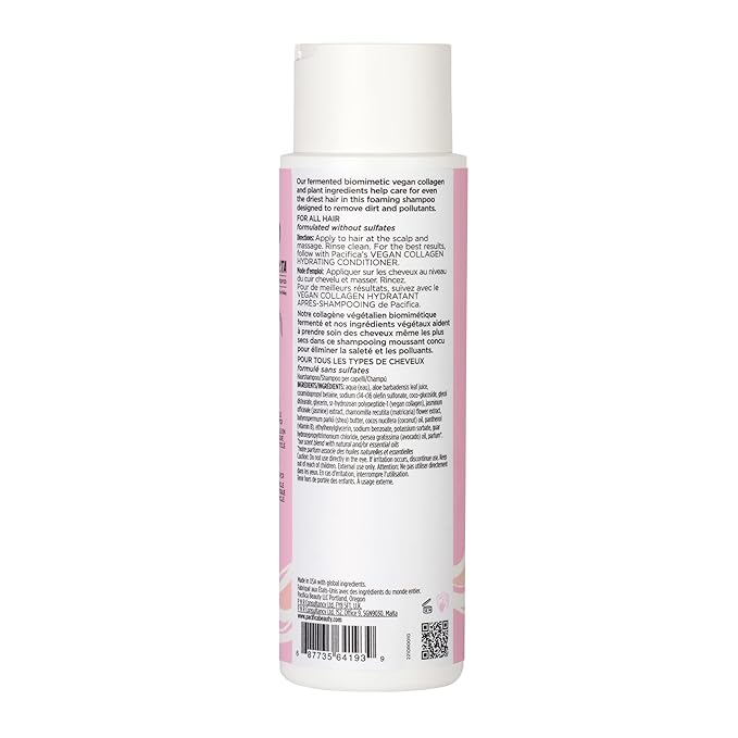 Pacifica Vegan Collagen Hydrating Hair Shampoo -w/Avocado Oil, Vitamin B5 - Adds Shine & Restores -for Dry & Damaged Hair - Sulfate Free Natural Clean Beauty Vegan & Cruelty-Free Dermatologist Tested