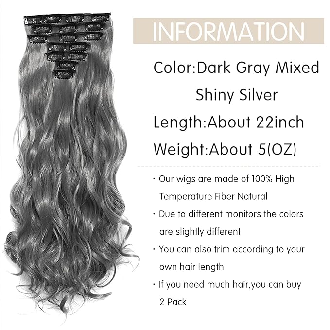 22 Inch Clip In Hair Extensions 7 PCS Long Wavy Synthetic Black Hair Extension & Natural Soft Invisible Clip Thick Hairpieces for Women Daily(20Inch, 7pcs, Dark Gray Mixed Shiny Silver)