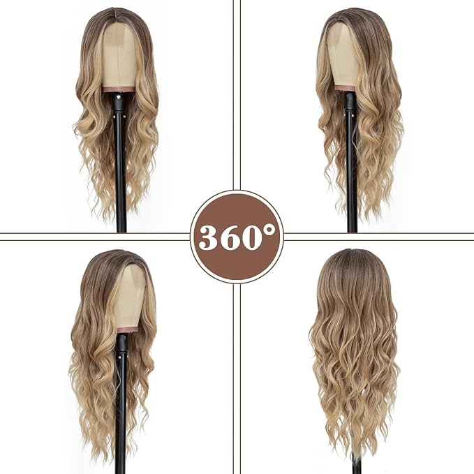 NAYOO Long Ombre Blonde Wavy Wig for Women 26 Inch Middle Part Curly Wavy Wig Natural Looking Synthetic Heat Resistant Fiber for Daily Party Use (Ombre Blonde)