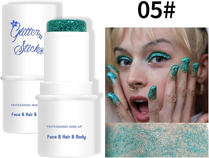Body Glitter Stick, Chunky Glitter Gel for Face Body Hair, Face Glitter Gel Makeup, Sparkling Holographic Mermaid Sequins Paint, Waterproof Multiuse Makeup Glitter Face Paint, 05#Green