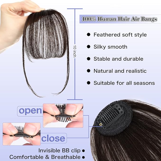 NAYOO Bnags Hair Clip- Dark Brown Fake Bangs 100% Real Human Hair Extensions Wispy Bangs for Women Fringe with Temples Hairpieces Curved Bangs for Daily Wear(Dark Brown Wispy Bangs)