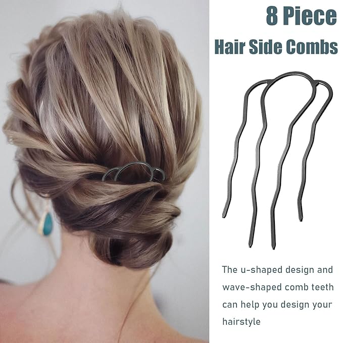 8 Pieces Side Combs, Metal Fork Clip Pins for Buns, 4 Prong Updo U-Shape Sticks for Women Hair Styling Tool Accessories