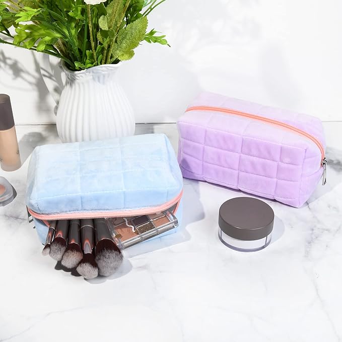 2 Pieces Makeup Bag Cute Cosmetic Bag Plush Blue Purple Makeup Pouch Travel Toiletry Bag Organizer Makeup Brushes Storage Bag for Women