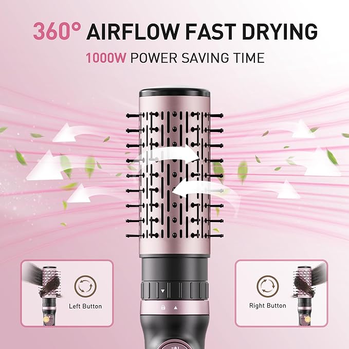 3-in-1 Rotating Hair Dryer Brush Blow Dryer with Interchangeable Heads, Hair Styling Tools for Straightening/Drying/Curling, Spinning Thermal Brush Blowout Set for Long Hair, Rose Gold