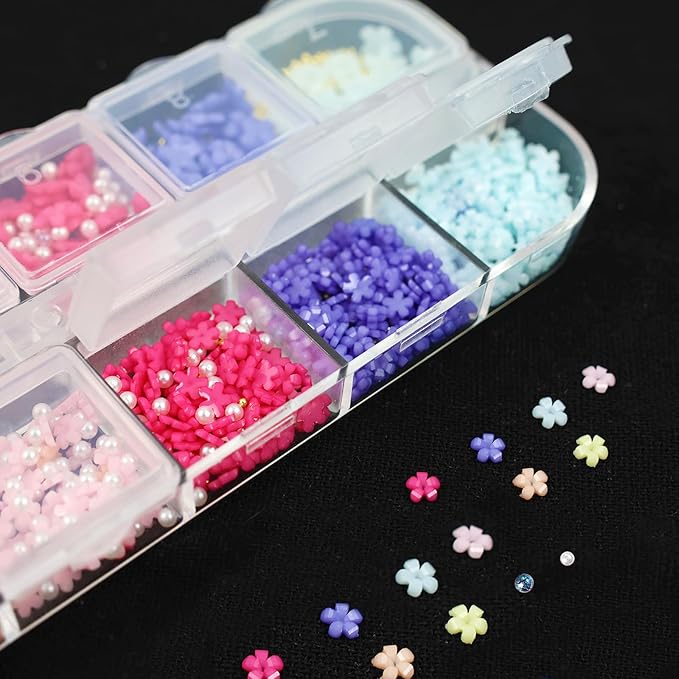 3D Pink Pastel Acrylic Flower Nail Charms - Mixed Rhinestones Kit with Gold Caviar Beads & Crystal AB Color Gems