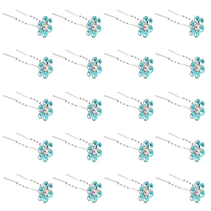 20 Pack (Blue) Crystal Flower Hair Pins Rhinestone Hair Clips for Bridal Wedding Women Hair Jewelry Accessories, with Clear Container