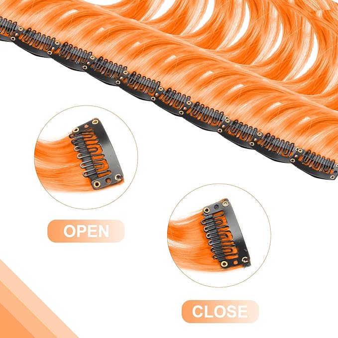10 PCS Orange Clip-in Curly Wavy Synthetic Hair Extensions, Rainbow Neon Party Highlights, Colorful Hair Accessories for Kids, Girls, Women, 17 Inch