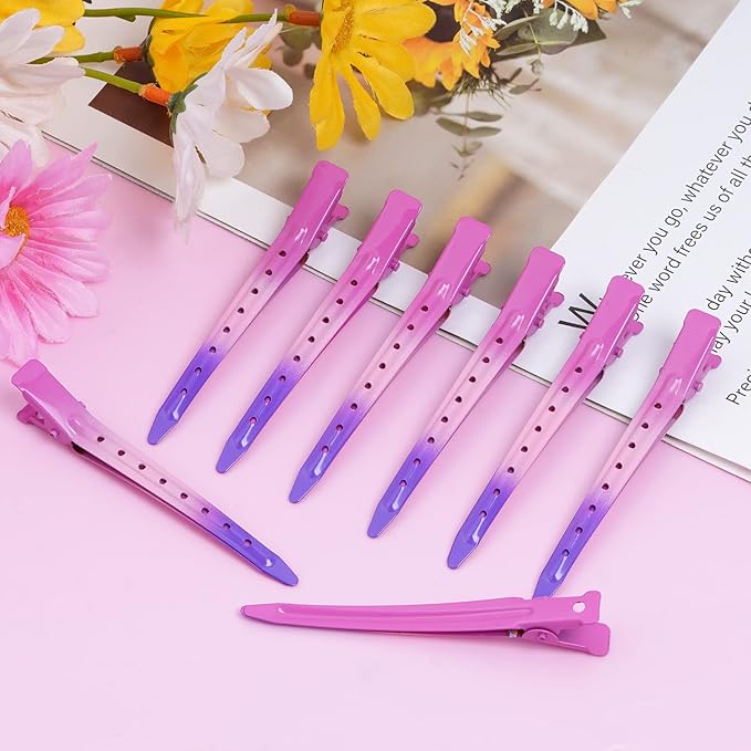 24 Packs Duck Bill Clips, Bantoye 3.35 Inches Rustproof Metal Alligator Curl Clips with Holes for Hair Styling, Hair Coloring, Gradient Rose Red