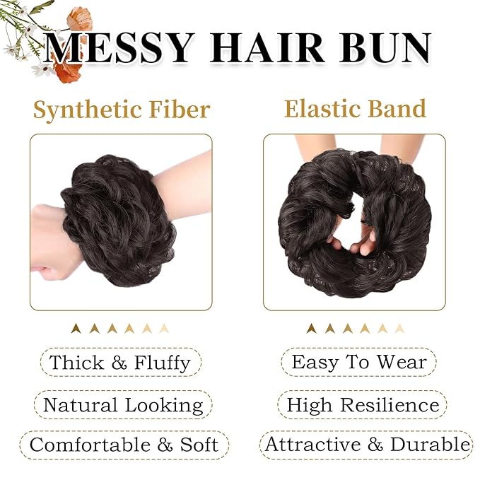 MORICA 1PCS Messy Hair Bun Hair Scrunchies Extension Curly Wavy Messy Bun Hair Synthetic Chignon Hairpieces for Women(4#(Darkest Brown Tend to Black))