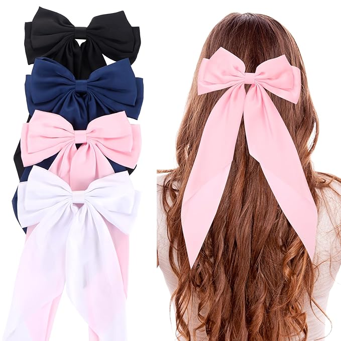 Silky Satin Oversized Hair Bows for Women Girls 4 PCS Hair Ribbon Bow Hair Clips with Long Tails (Black, White, Pink, Navy )