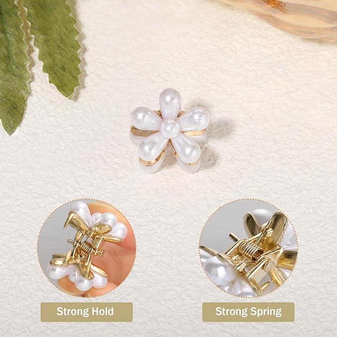 16 Pcs Small Pearl Claw Clips with Flower Design, Mini Hair Clips for Thin Thick Hair, Sweet Tiny Hair Clips, Little Flower Hair Jaw Clamps, Nonslip Bangs Pins Hair Accessories for Women Girls