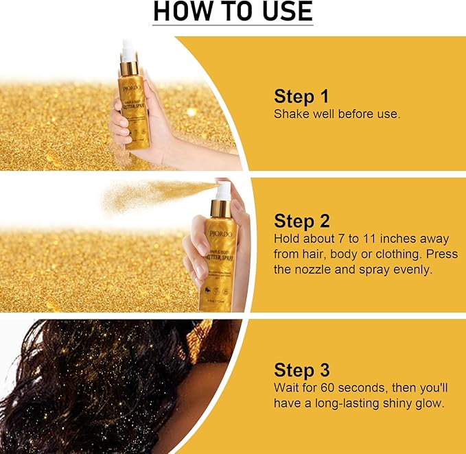 Body Glitter Spray, Shimmer Spray, Gold Glitter for Hair and Body, Glitter Hairspray, Spray for Women Makeup Party Festival Rave 4FL.OZ