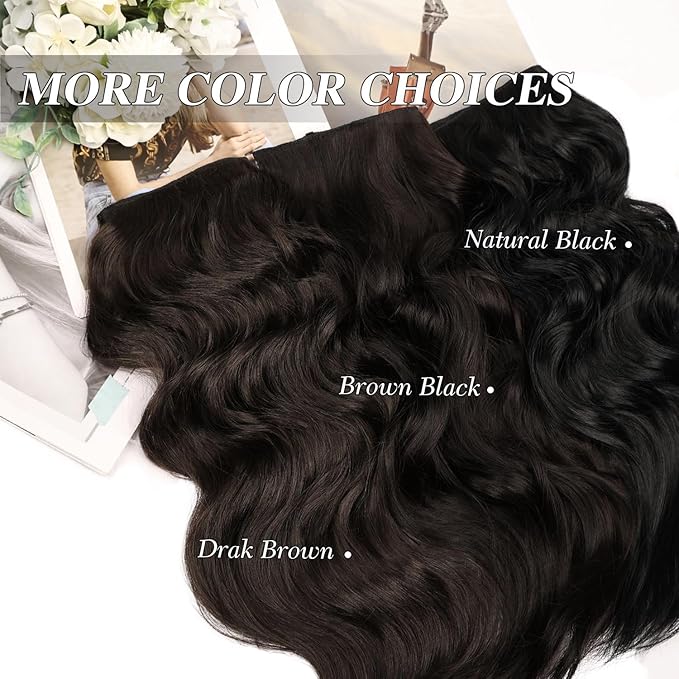 MORICA Invisible Wire Hair Extensions - 20 Inch Dark Brown Long Wavy Synthetic Hairpiece with Transparent Wire Adjustable Size, 4 Secure Clips for Women