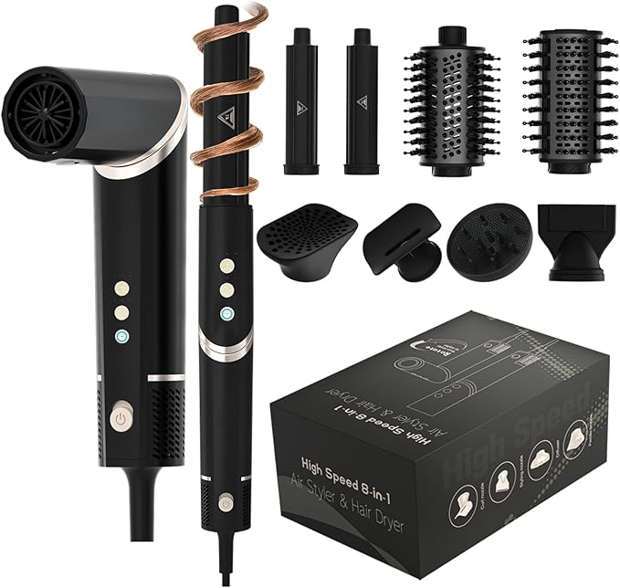 8-in-1 Hot Air Styler&Hair Dryer Brush, Powerful Multi-Styler with Auto-Wrap Curler with Storage Case, Fast Drying Curling Straightening Volumizing Without Heat Damage