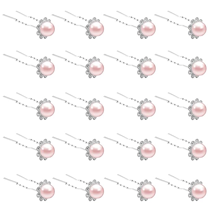 20 Pack (Pink) Pearl Crystal Hair Pins Flower Rhinestone Hair Clips for Bridal Wedding Women Hair Jewelry Accessories, with Clear Container