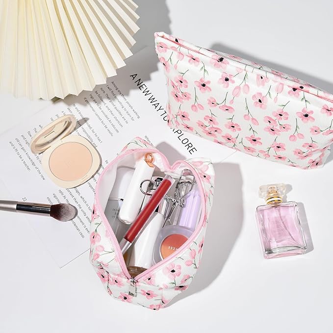 2 Pieces Flower Makeup Bag Large Floral Cosmetic Bag Capacity Canvas Mix Travel Toiletry Bag Organizer Cute Makeup Brushes Aesthetic Accessories Storage Bag for Women, Flower Mix Pink