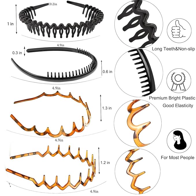 8 PCS Fashion Effortless Plastic Headbands with Teeth Comb Black Skinny Headbands No Slip Hair Accessories Bands for Women Men Teen Girls, Leopard&Bright Black