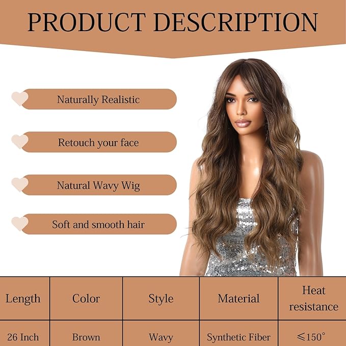 Ombre Brown Wig 26 Inch Long Curly Wigs for Women Synthetic Hair Wavy Wig,Natural Hair Wig With Bang for Daily Party Use