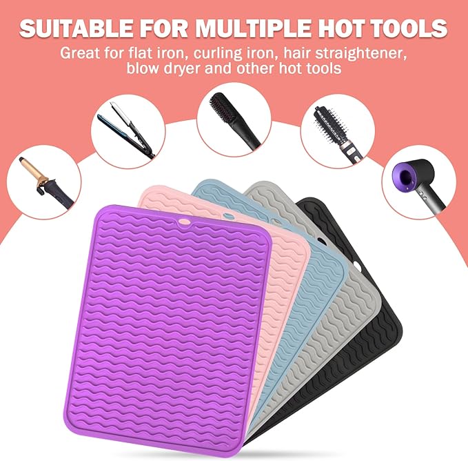 Oversize Silicone Heat Resistant Mat for Curling Iron, Hair Straightener, Flat Irons and Hot Hair Styling Tools, Portable Wrap Cover with for Home Travel Gym Salon(14.2" x 11") (Purple)