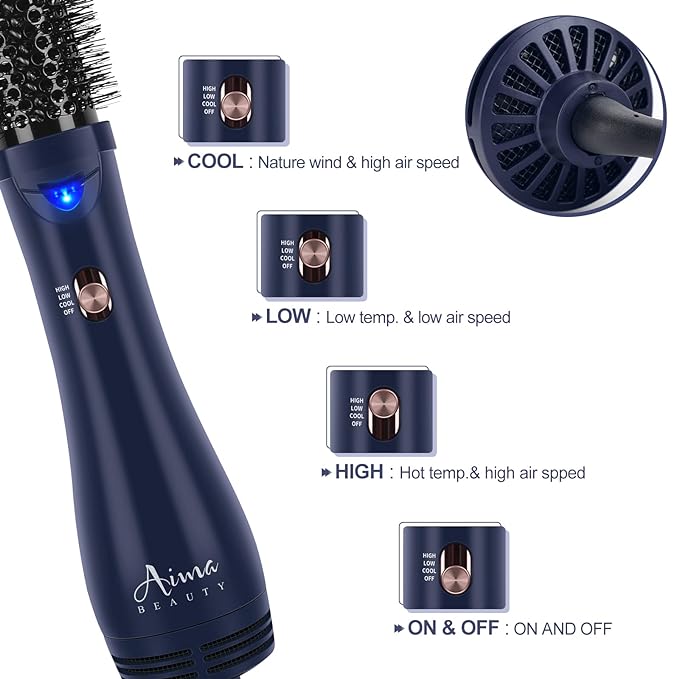 Hair Dryer Brush, Aima Beauty 4-in-1 Upgrade Hot Air Straightener Curler Function for Women, Hair Styling Tools, Prussian Blue-Round