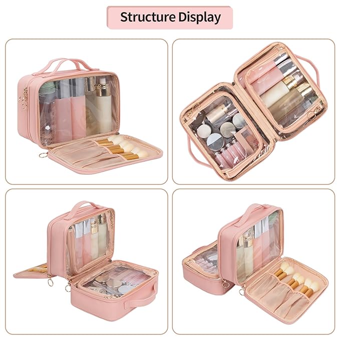 OCHEAL Makeup Bag, Double Layer Cosmetic Bag, Large Capacity New Look Clear Cosmetic Case for Women Travel Beauty Essentials, Multiple Compartments Make up Organizer Zipper Pouch- Pink