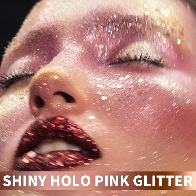 Body Glitte Spray, 150ML Pink Glitter Spray for Hair and Body, Long-Lasting and Quick-Drying Holographic Glitter Hairspray for Kids Women, Body Shimmer Festival Rave and Makeup 4.2 Fl Oz
