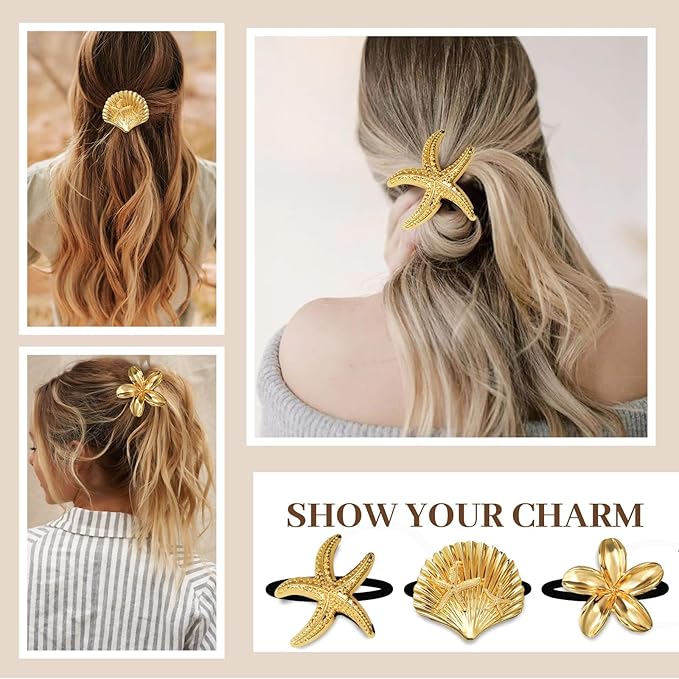 3PCS Gold Hair Ties, Metal Hair Ties for Thick Hair, Elegant Durable Geometric Design, Gold Hair Accessories Stretchy and Non-Damage Ponytail Holders, Ocean Pattern 3 Style